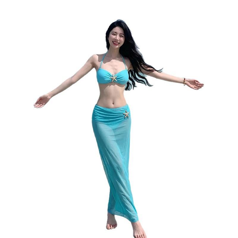 Bikini Swimsuit Three-piece Set, Polyester Maxi Skirt, Beach Vacation, Sexy Fitted Lake Blue Brightening Swimsuit