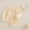 Baby Girls Romper Bow Print Ruffled Trim Long Puff Sleeve Smocked Jumpsuits Headband Outfits