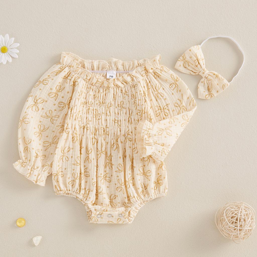 Baby Girls Romper Bow Print Ruffled Trim Long Puff Sleeve Smocked Jumpsuits Headband Outfits