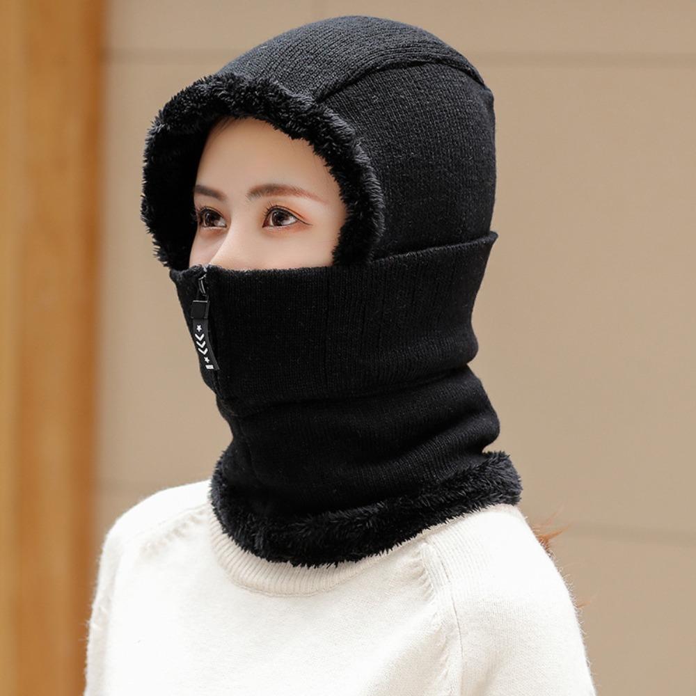 Zipper Hooded Thermal Cap Thickened Knitted Balaclava Cap Simple Knitted Scarf Hat  Outdoor