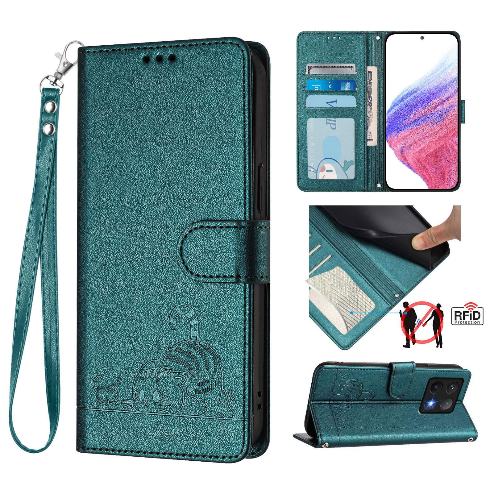 

For Xiaomi 14T Pro Case with Strap RFID Blocking Leather Wallet Phone Cover Cat Mouse Pattern Dark Green