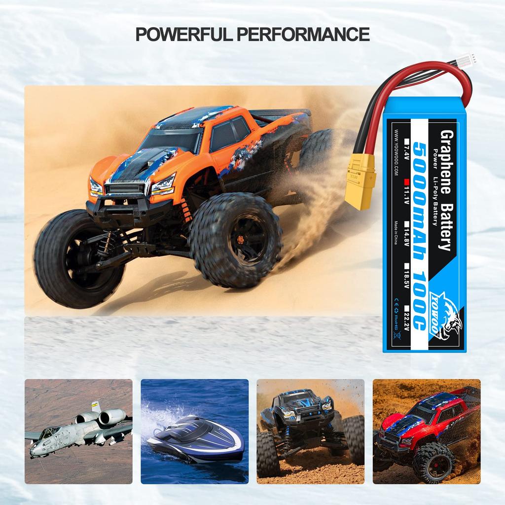 Yowoo Graphene LiPo Battery, 11.1V 3S 5000mAh 100C with XT90 Connector, for RC Planes, DJI F450 Quadcopter, Airplanes, Helicopters, Traxxas, 18 Scale