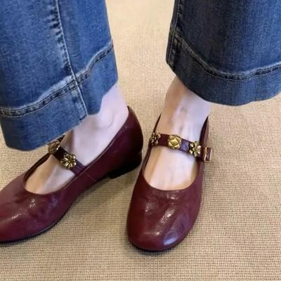 Mode 2025Weiche Schuhe mit runder Zehenpartie Lässige Damen-Sneaker Ballerinas Herbstkleid Retro Sommer Neu Durchbrochenes PU Janes Einfarbig Schnalle