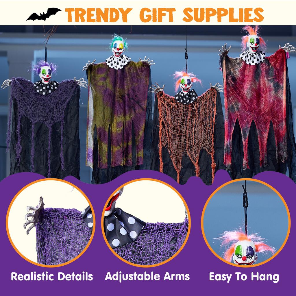 Joyfy 4 Pcs Hanging Clown Ghost Halloween Decorations Outdoor 29" Scary Outdoor Halloween Decor for Halloween Haunted House