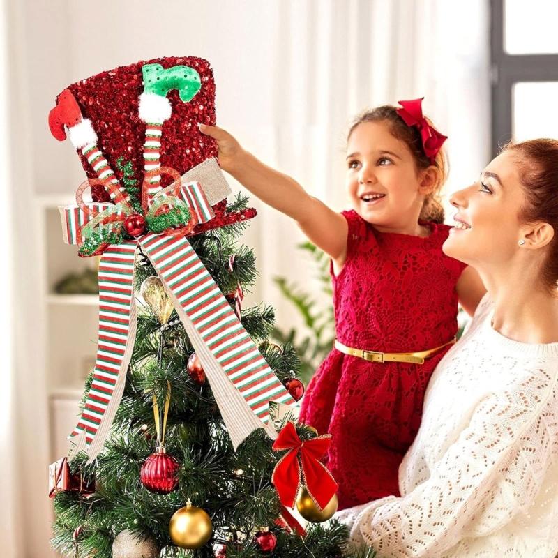 Christmas Tree Toppers Hat Large Christmas Tree Hat with Bows Seasonal Holiday Decorations Tabletop Ornaments for Home