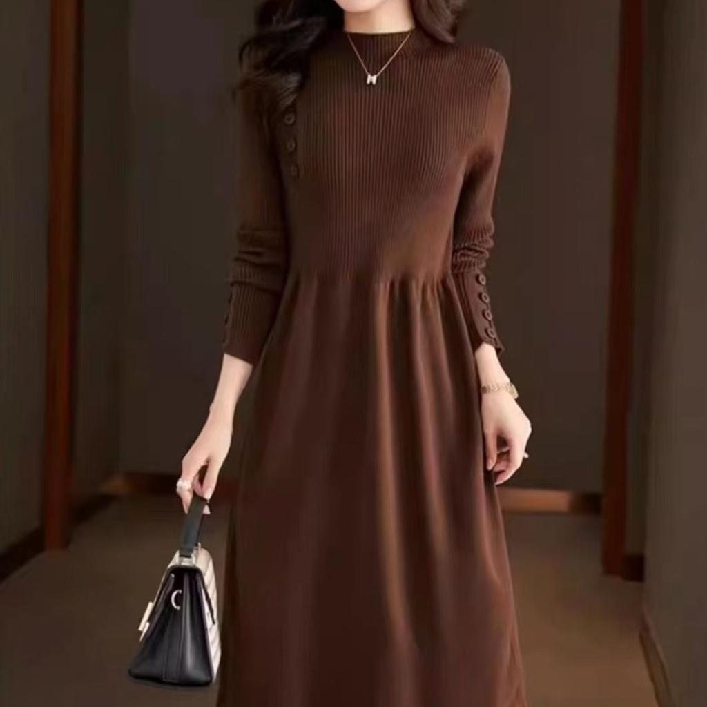 Half Turtleneck Knitted Dress for Women Solid Color Casual Knee-length Sweater Dress Mid-length Knitted Sweater for Autumn and Winter