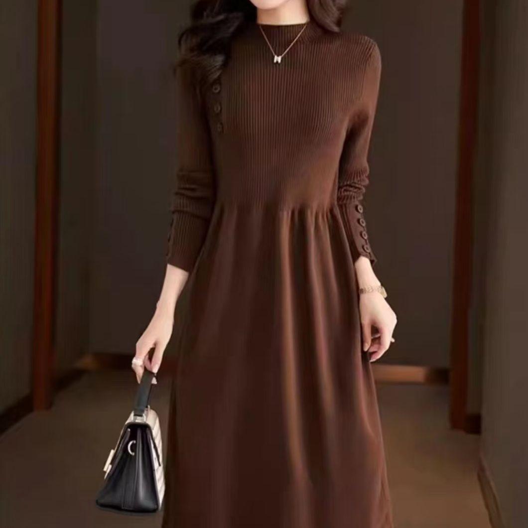

Вязаное платье с полувысоким воротником для женщин, однотонное, повседневное, длиной до колена, платье-свитер, вязаный свитер средней длины для осени и зимы 2XL коричневый