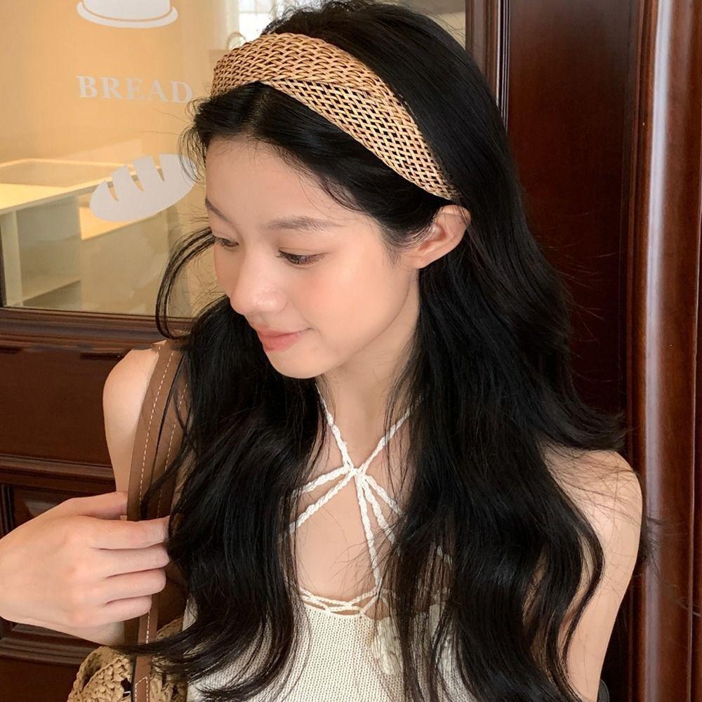 Hollow Wide Edge Hairband Hair Band Bohemian Style Hair Hoop Straw Weave Headband  Daily