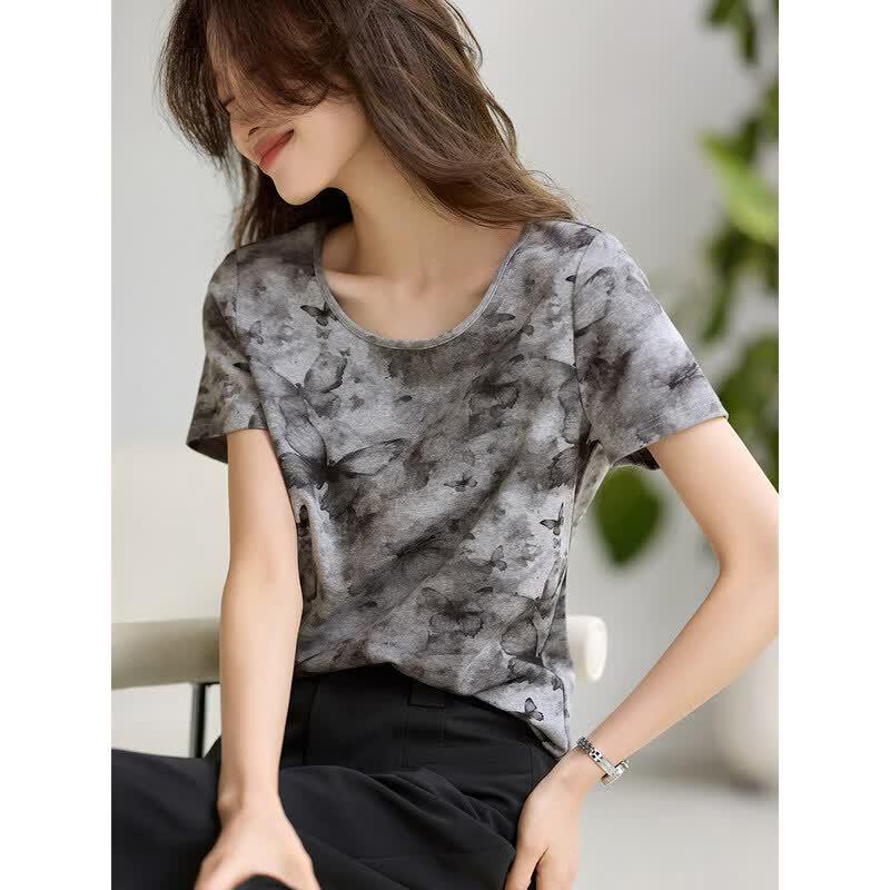 Women s Butterfly Print U-Neck T-Shirt S