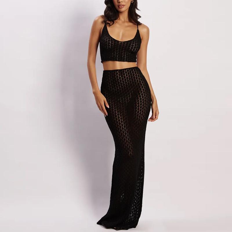 European-American Holiday Two-Piece: Chic Hollow Long Dress & Sexy Bikini with Sun Protection & Back Tie Design