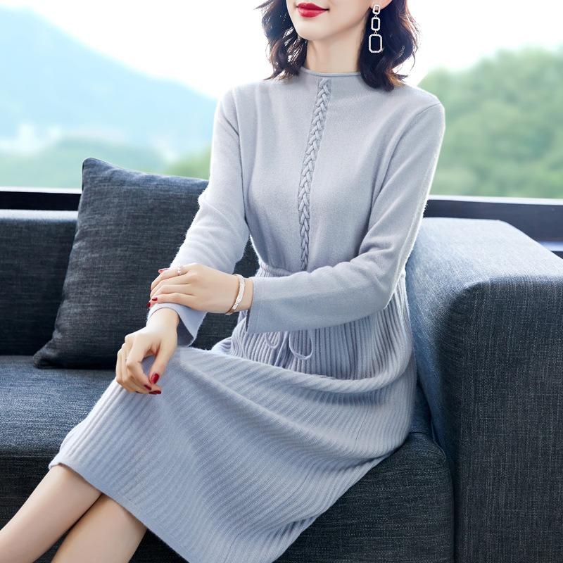 Knitted Dress for Women Autumn and Winter Waist Cinched Mid Length Sweater Dress Casual Base Over Knee Dress