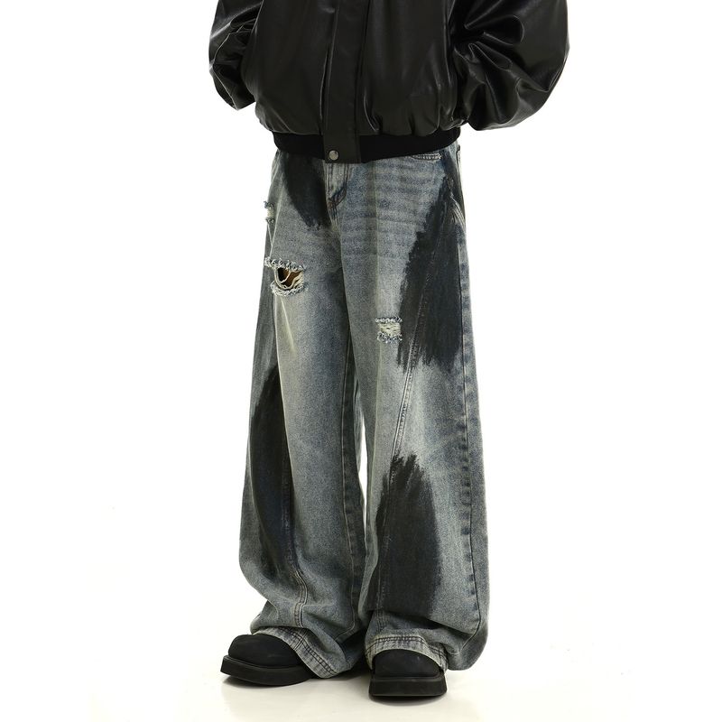 

American High Street Graffiti Washed Distressed Ripped Jeans Men s and Women s Retro Loose All-Match Straight Wide-Leg Long Pants Blue 2XL