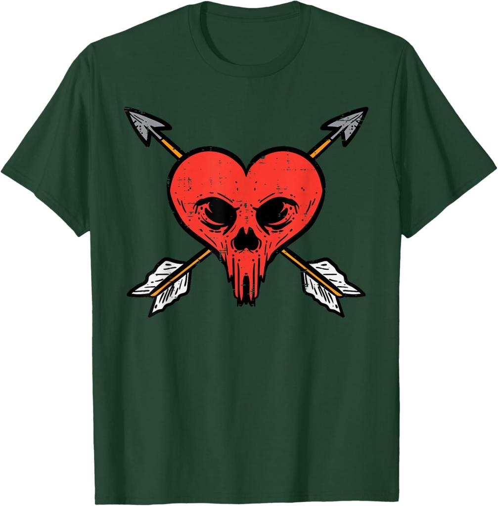 Skull Heart with Arrows Anti Valentines Day Graphic Tee Soft Cotton Casual Daily T-Shirt For Men
