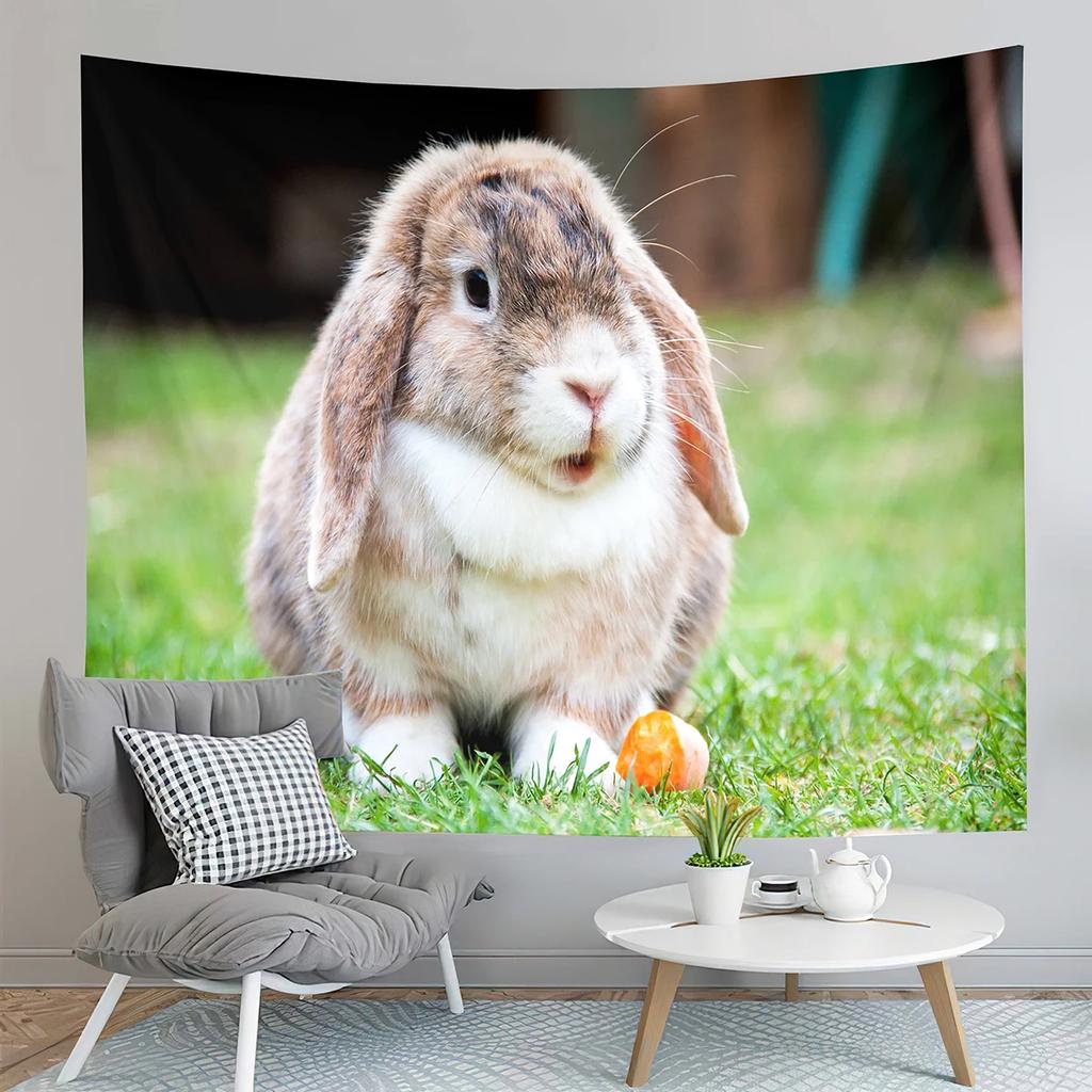 Cute Farm Rabbit Tapestry Grey Rabbit Tapestry Creative Style Tapestry Art Wall Hanging Home Living Room Bedroom Dorm Tapestries