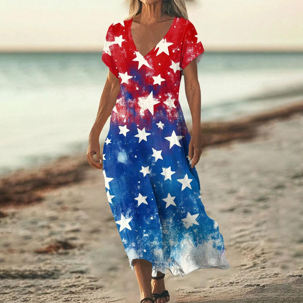 Sommerkleid Damen Lang Strandkleid Elegantes Kleid V-Ausschnitt Kurzarm Sommerkleid Leicht Luftig