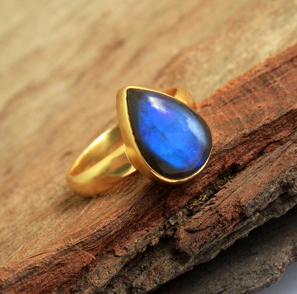 Labradorite Gemstone Gold Plated Ring 925 Sterling Silver Handmade Jewelry