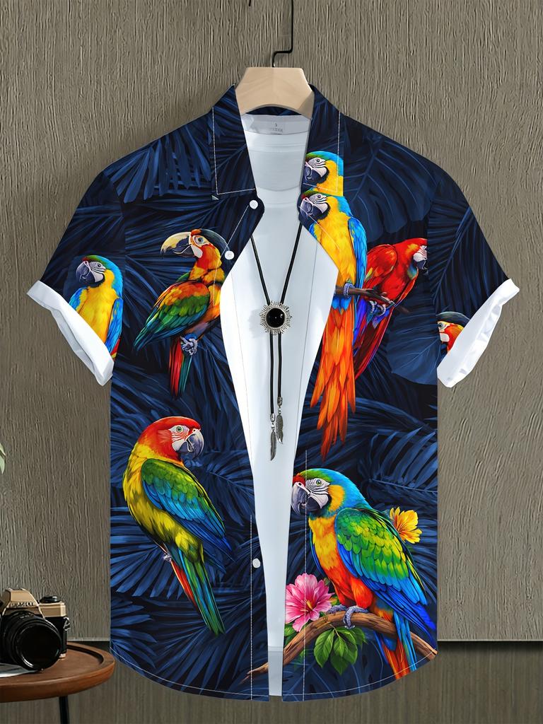 Men's Fashion Short Sleeve Shirt, Tropical Parrot Print Short Sleeve Shirt Trendy New Summer Outfit, Casual Daily Shirt, Vacation Beach Shirt, Ideal