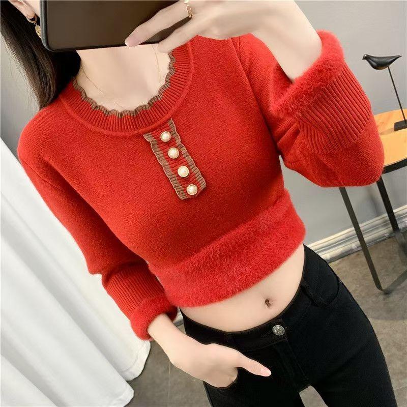 

Round Neck All One Velvet Autumn Winter Slim Warm Top Thickened Knitted Sweater for Women S червоний