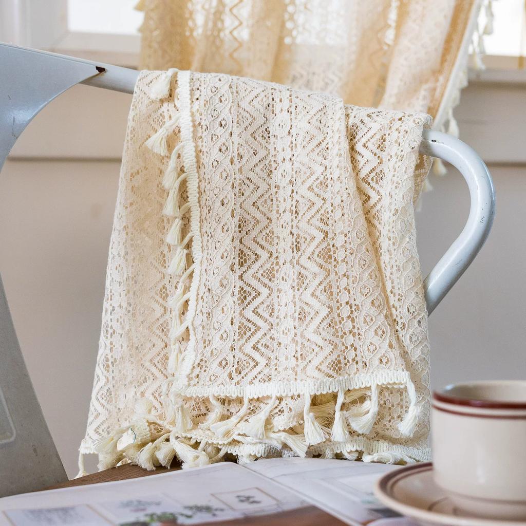 Vintage Geometric Wave Lace Curtain with Tassel, Romantic Semi Sheer Light Filtering Lace Drapes for Living Room Bedroom Kitchen, Multi-Size Available