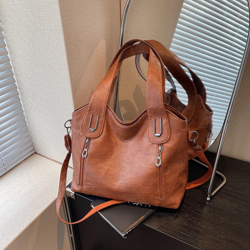 

Новая однотонная сумка-тоут на молнии с двумя основными отделениями большой вместимости для женщин, модная женская сумка из полиуретана с декоративной строчкой, сумка через плечо коричневый