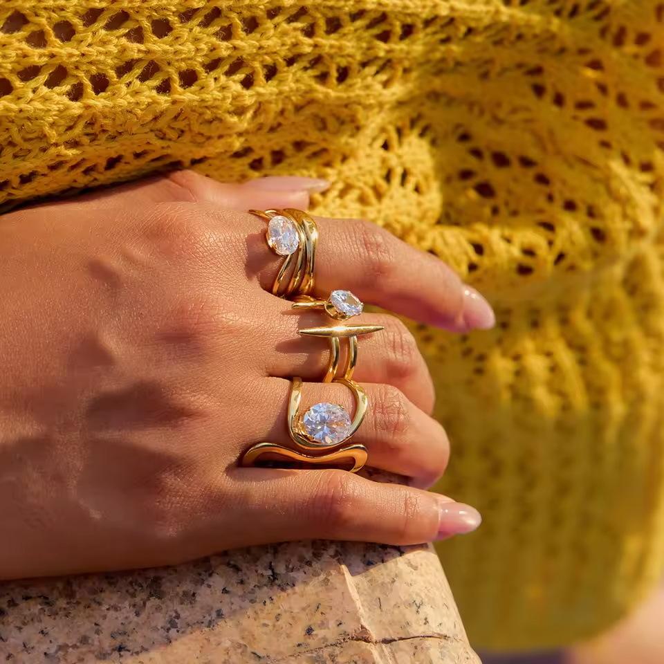 18K Gold Plate Stainless Steel Rings Modern Minimalist Lines Double-layer Hollow Geometric Zircon Open Ring