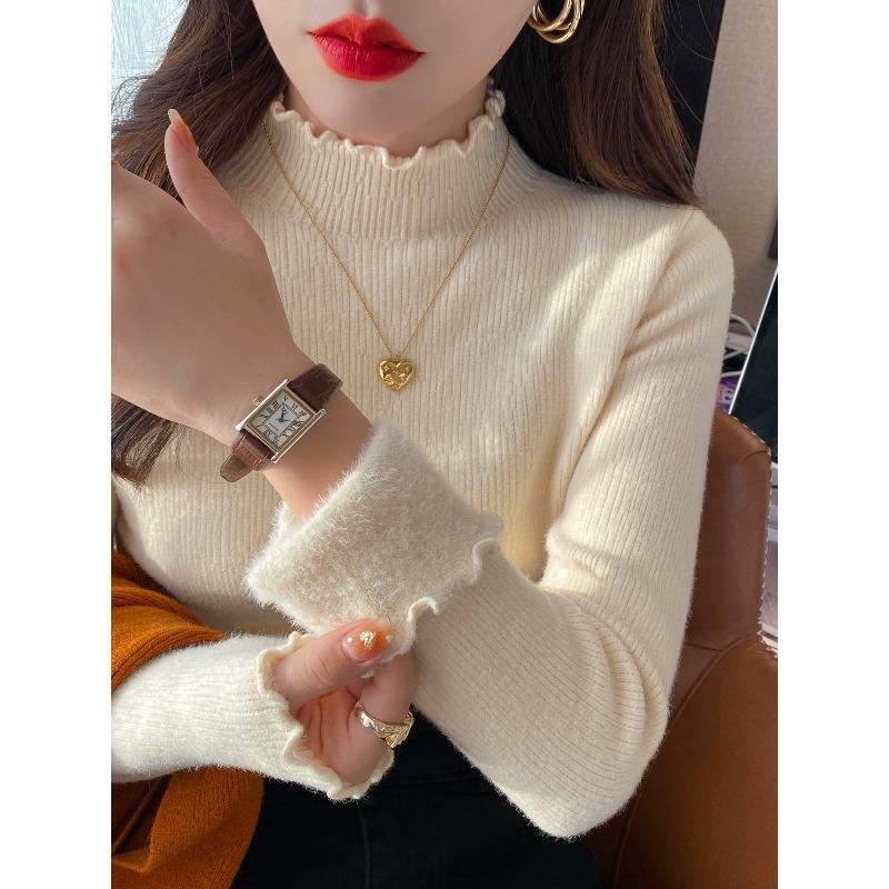Semi-turtleneck bottoming shirt women's autumn and winter fleece thickened integrated fleece sweater lace fungus edge with knitted sweater top