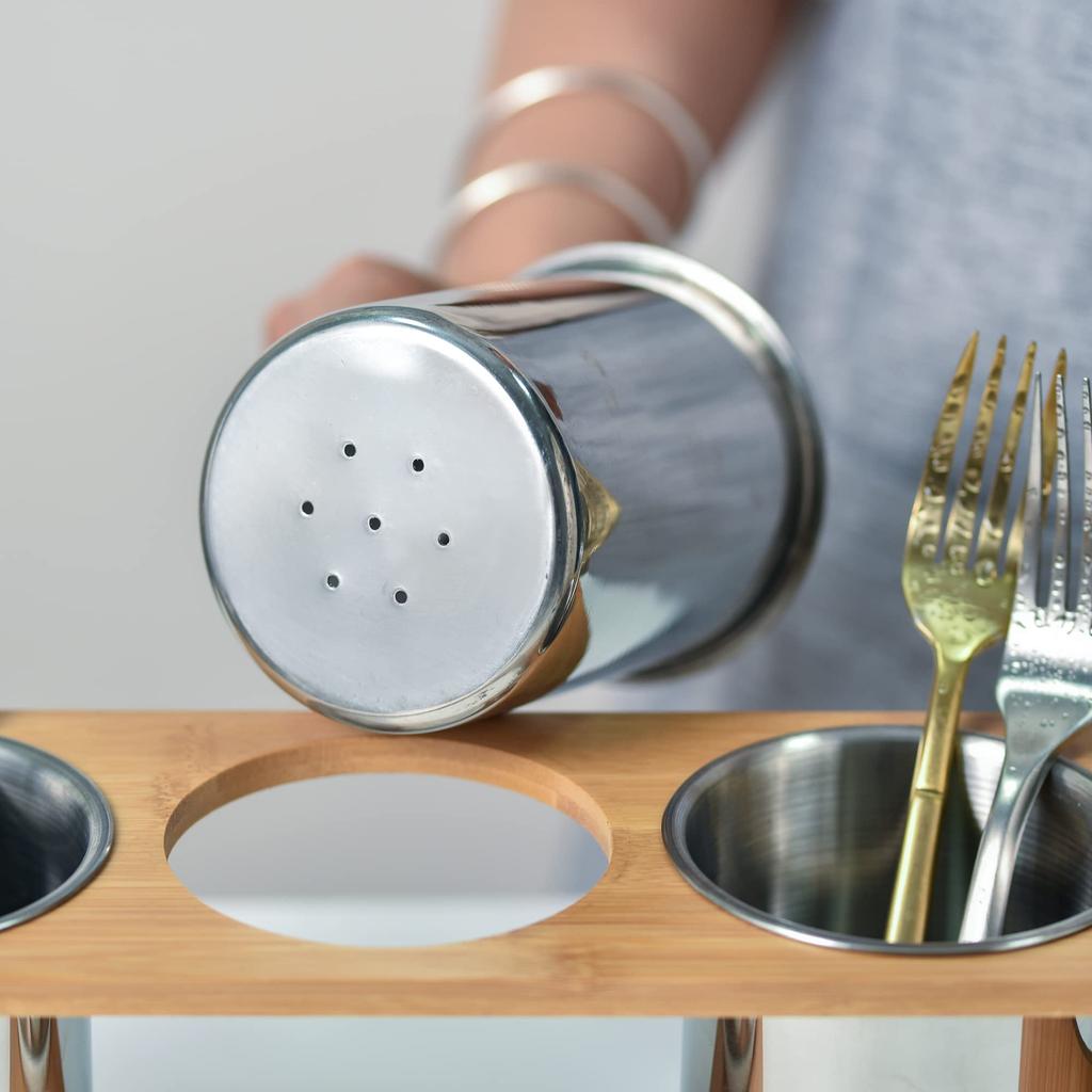 IMEEA Chopstick Holder, Cutlery Stand, Stylish, Tabletop, Stainless Steel, Bamboo Cutlery Case, Kitchen Storage