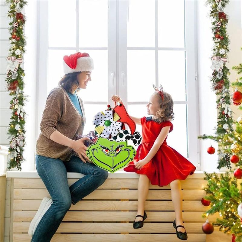 Grinch Christmas Wooden Wreath Front Door Welcome Sign Wall Home Decoration