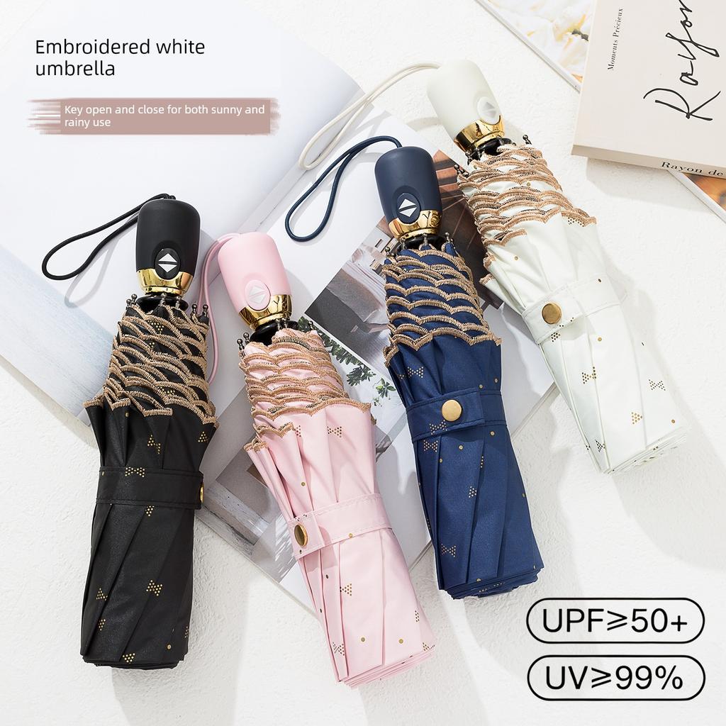 High-Quality Embroidered Fully Automatic Folding Umbrella for Women with Black Coating for Sun Protection and Uv Protection, Suitable for Both Sunny