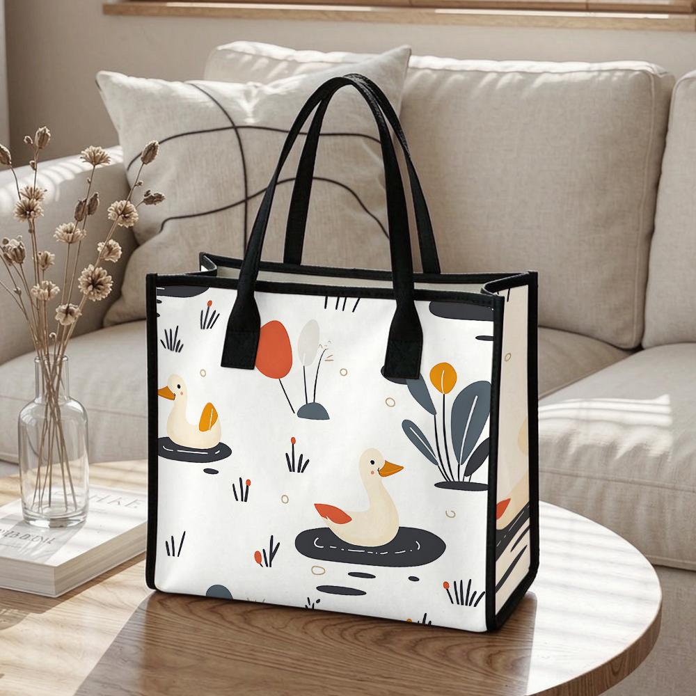 Cute Duck Print Tote Bag Casual Large Capacity Canvas Handbag for Daily Shopping Work Use