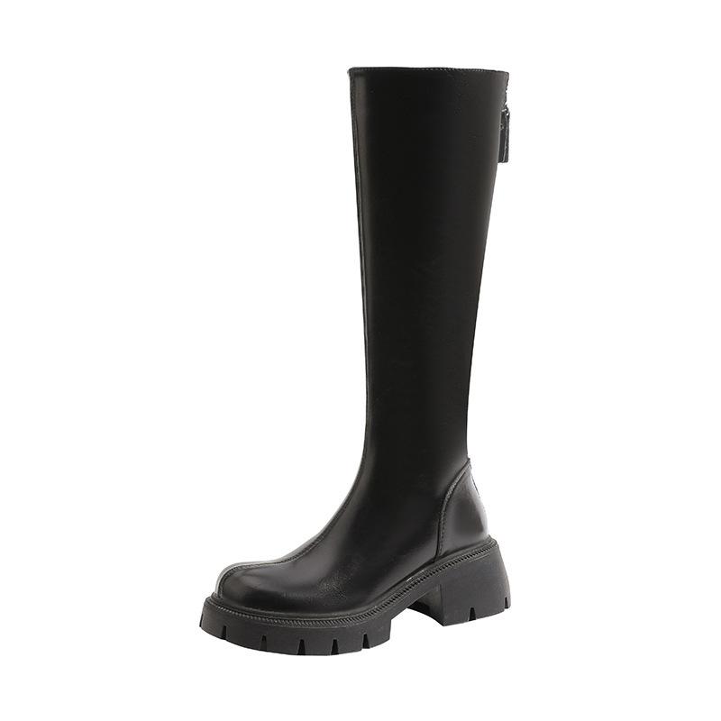 Thick-soled flat-mouth boots 2025 new high boots thick heel but knee fat mm widened rear zipper knight boots