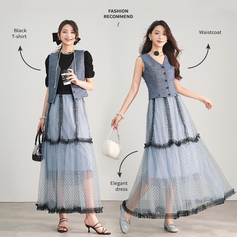 Bailuyu Polka Dot Mesh Lace Midi Skirt S синий