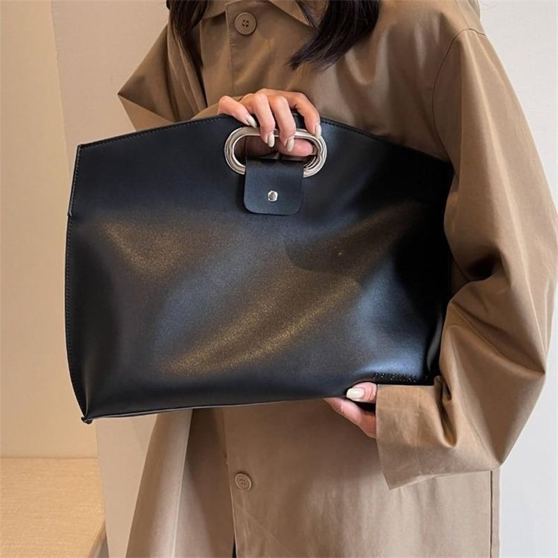Solid Color Pu Leather Bag For Women's Fashi Large Capacity Hand-Held Bag For Work Commuting Clutch Tote Bag