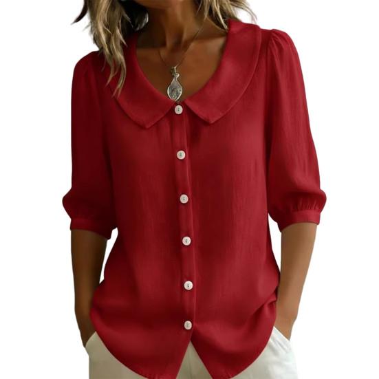 Women Tops Lapel Half Sleeve Buttons Placket Shirt Tops Pure Color Loose Fit Casual Style Shirt Home Dates Versatile Wear