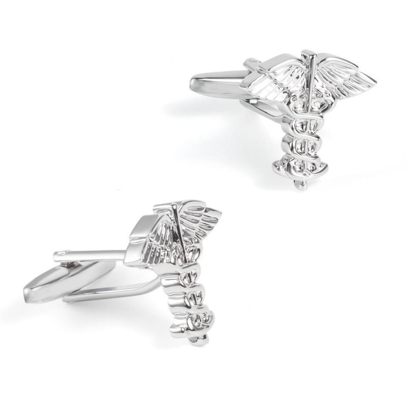 Electroplated Silver Double Snake Staff Reverse Cross Shaped Metal Cufflinks Men's French