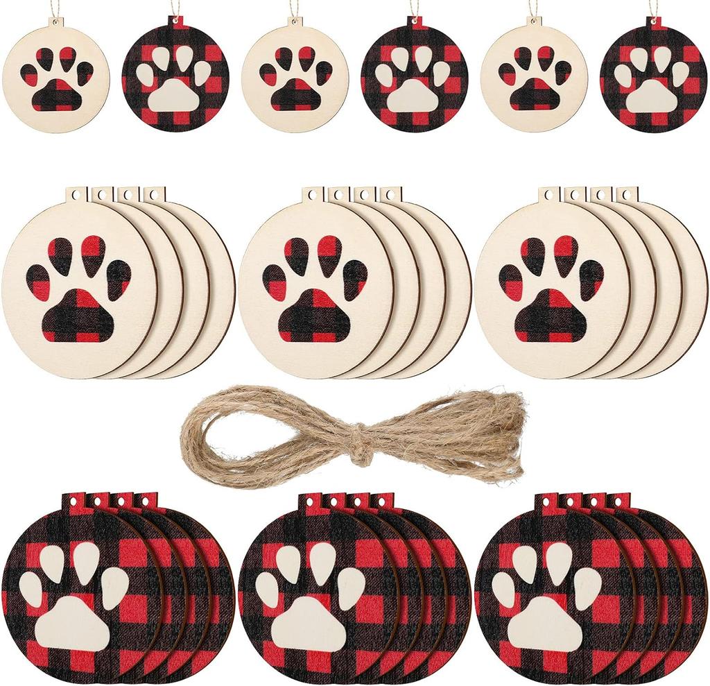 18 Pcs Christmas Dog Paw Wooden Ornaments Tree Hanging Tag Christmas Hanging Ornaments with Ropes for Tree Decor