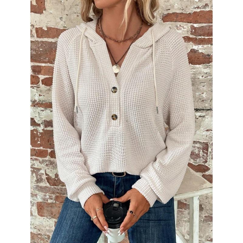 Blusas Camisas Casuales de Moda para Mujer Primavera Otoño Color Sólido Estampado Manga Larga con Capucha