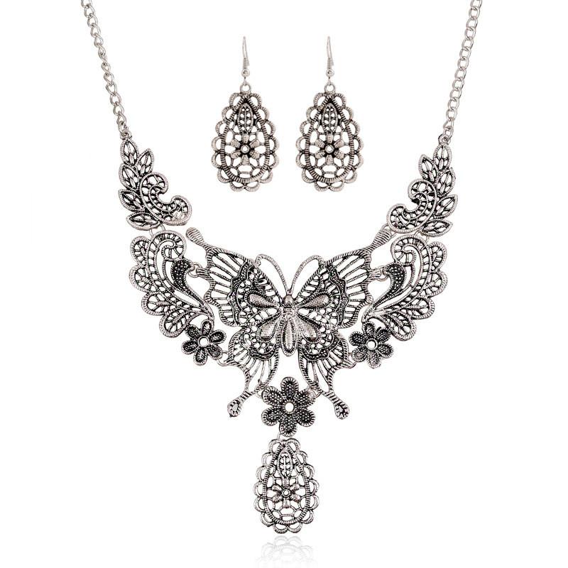 Fashion Hollowed Out Butterfly And Flower Design Women Necklace Earring Set For Women And Men