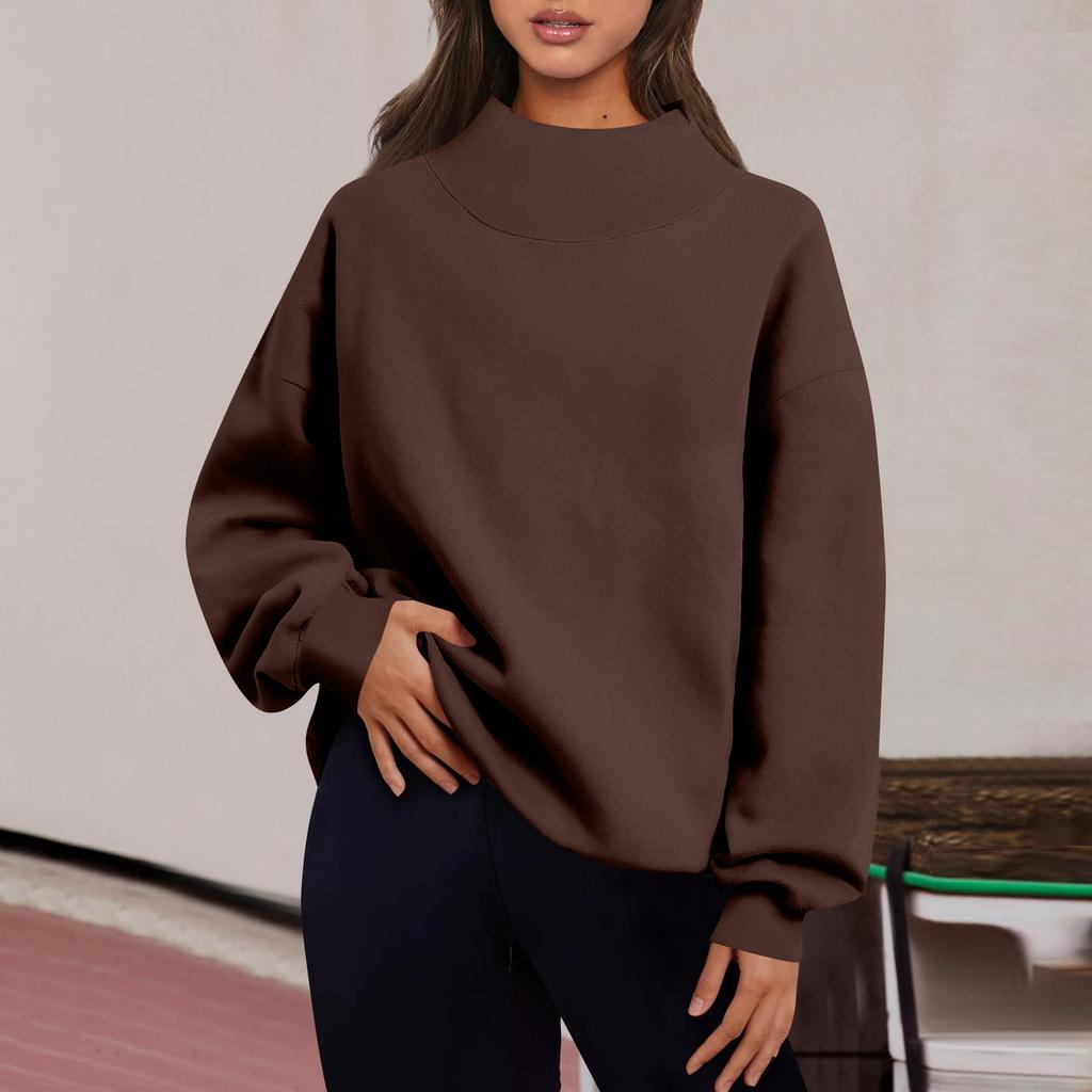 Women's Fashion Solid Color Long Sleeve Loose Slit Half Turtleneck Pullover Sweatshirt Top