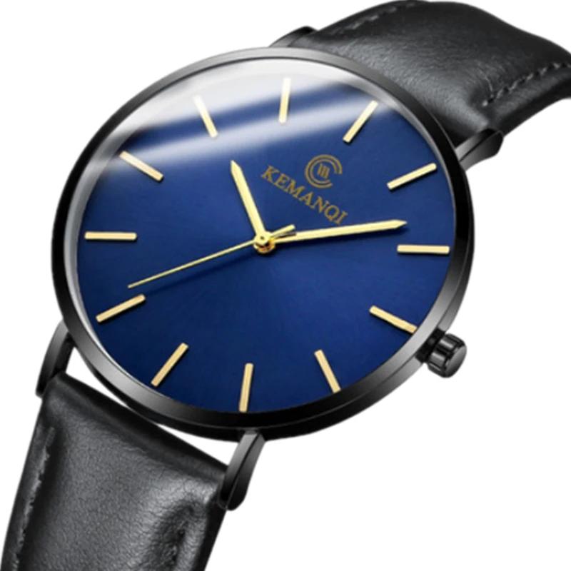 Top Luxury Brand Ultra Thin Watches Men Simple Watch Blue Glass Leather Band Quartz Wristwatches Men Casual Watch Best Gift