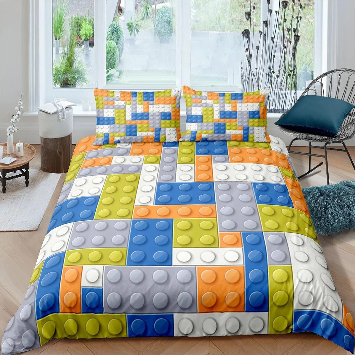 Kleurrijke Blokken Dekbedovertrek King/Queen Size, Bouwspeelgoed Beddengoedset Kinderen Jongens Meisjes Oranje Blauw Leuk Baksteen Polyester Dekbedovertrek 200X200cm 3pcs