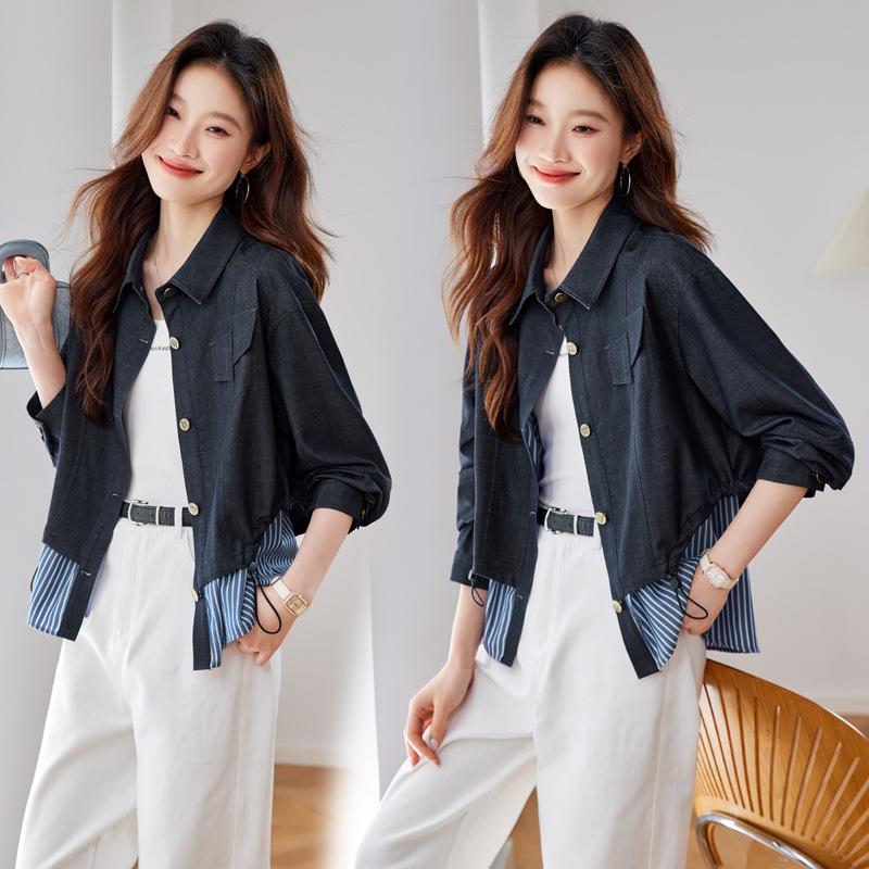 

2025 Весенняя женская стильная джинсовая куртка свободного кроя в стиле кэжуал, пэчворк, имитация двух предметов M джинсовый синий