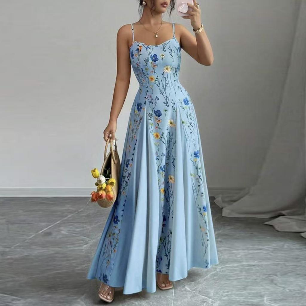 Women's Sleeveless Spaghetti Strap Floral Print Maxi Dress Fitted Waist Casual Summer Long Dress for Daily Wear