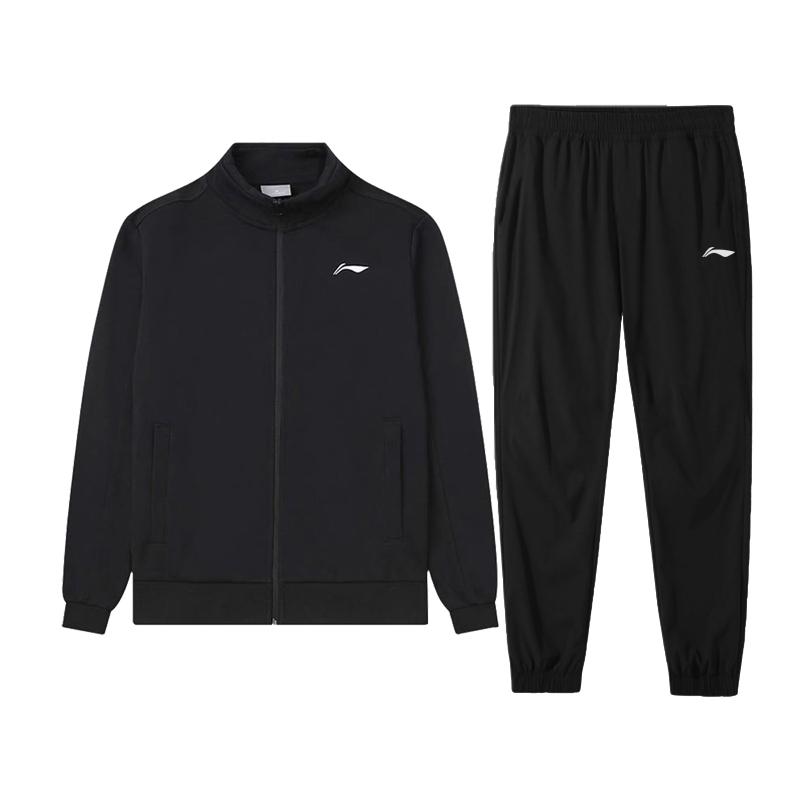 Li Ning Solid Color Running Stand Collar Zipper Cardigan Sweatshirt Elastic Waist Cuffed Warm Long Pants Casual Set Women sets Black AWDTD93-2-TZN