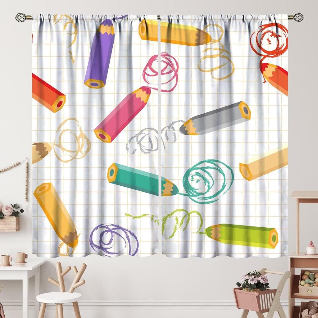 Kids Cartoon Pencil Curtains Colorful Crayons Art Printed School Curtain Nursery Bedroom Living Room Home Polyester With Rod Pocket Washable Sitting