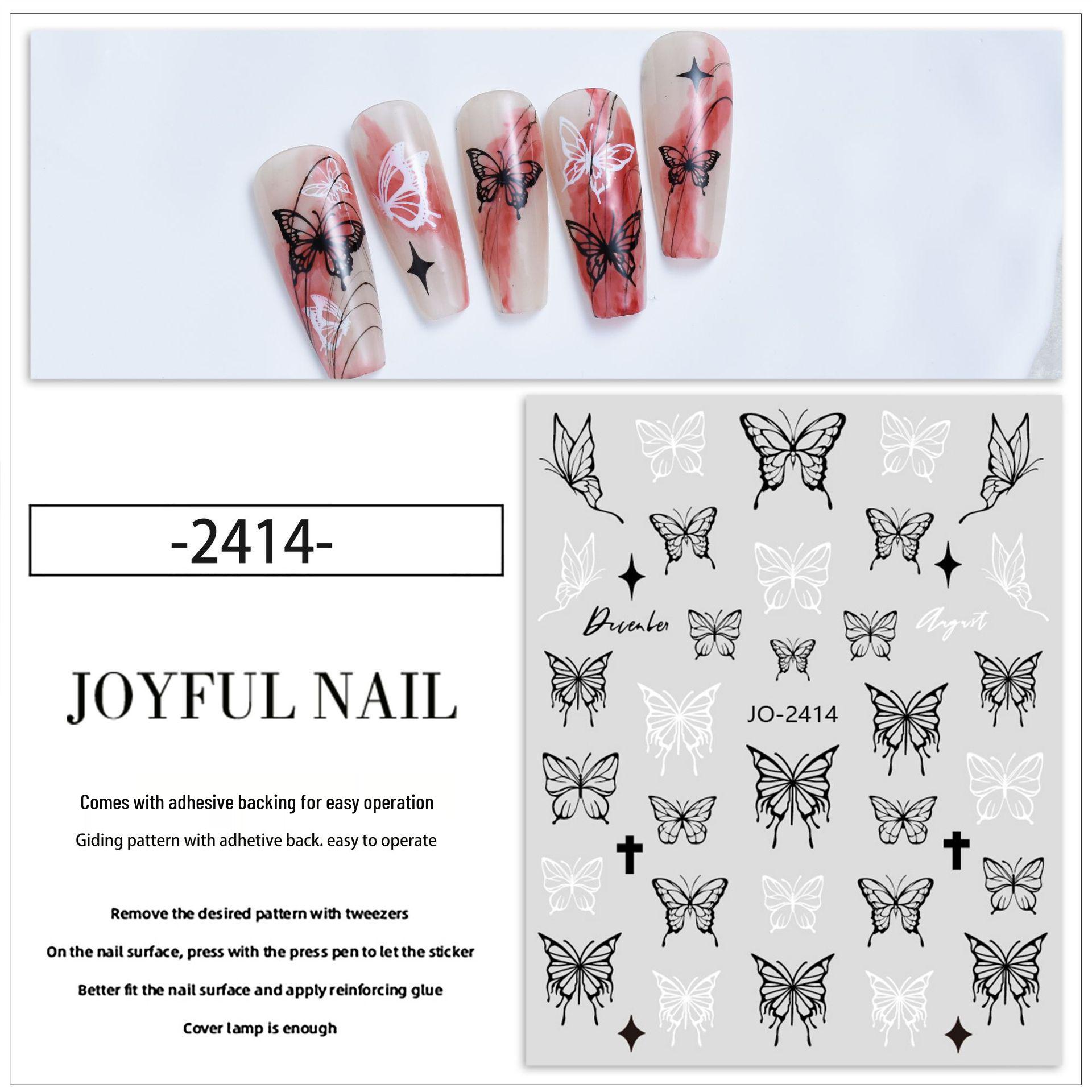 Hand-Painted Black & White Butterfly Nail Stickers with Adhesive Backing