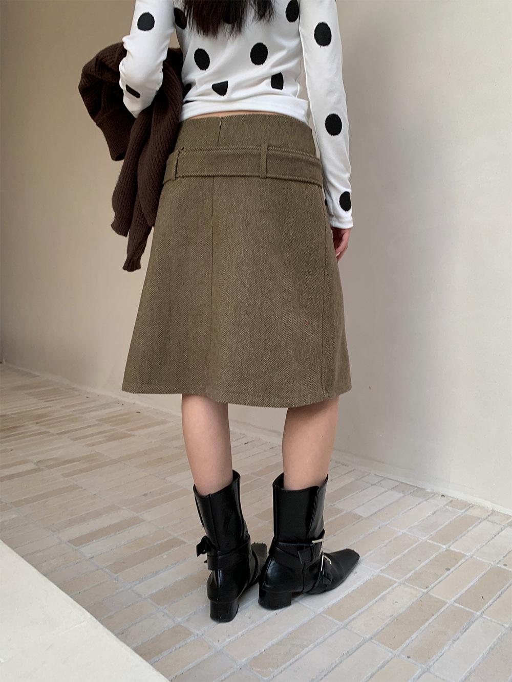 Yuyi Women s 2025 Autumn/Winter French Retro Wool A-Line Skirt with Belt and Slit L оливковое зеленый