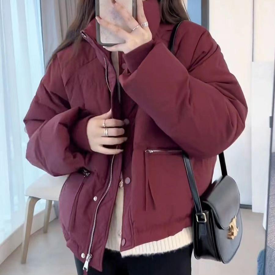 IHUASU Short Section Stand-up Collar Down Cotton Jacket Women's Simple Loose Version of The Zip Bread Clothing Jacket Solid Colour