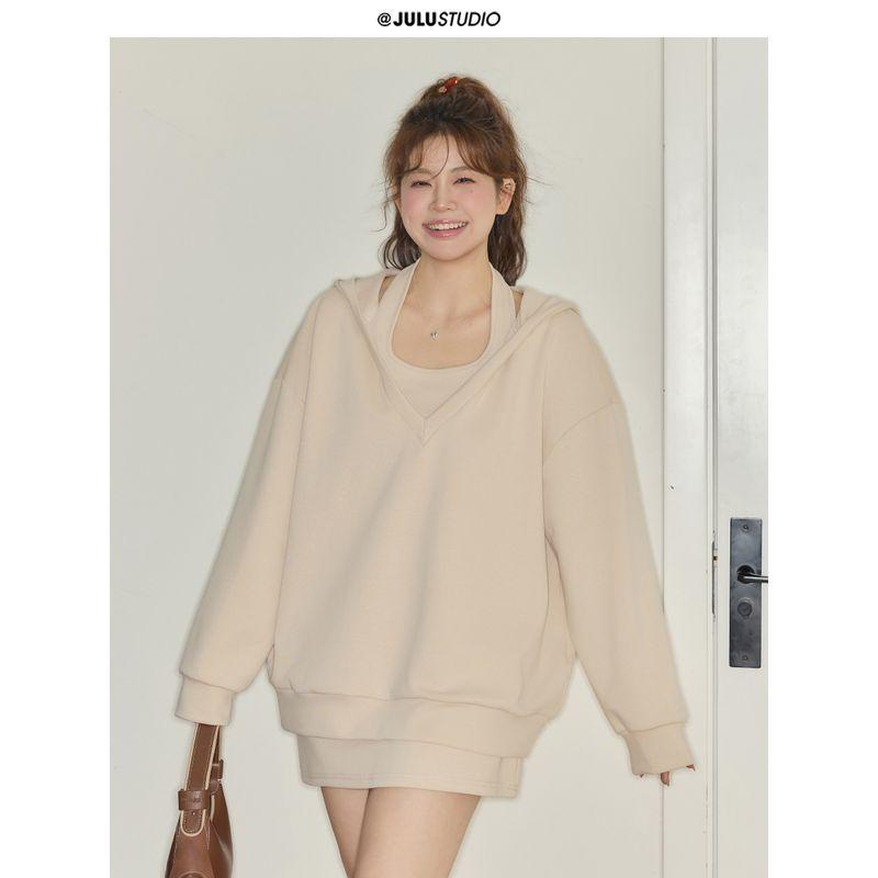 

Julu Studio Sweet and Sticky Nougat Pastry Slightly Oversized Girls Loose Hoodie Slimming Halter Dress plus Size Two-Piece Suit Beige Skirt Version XL