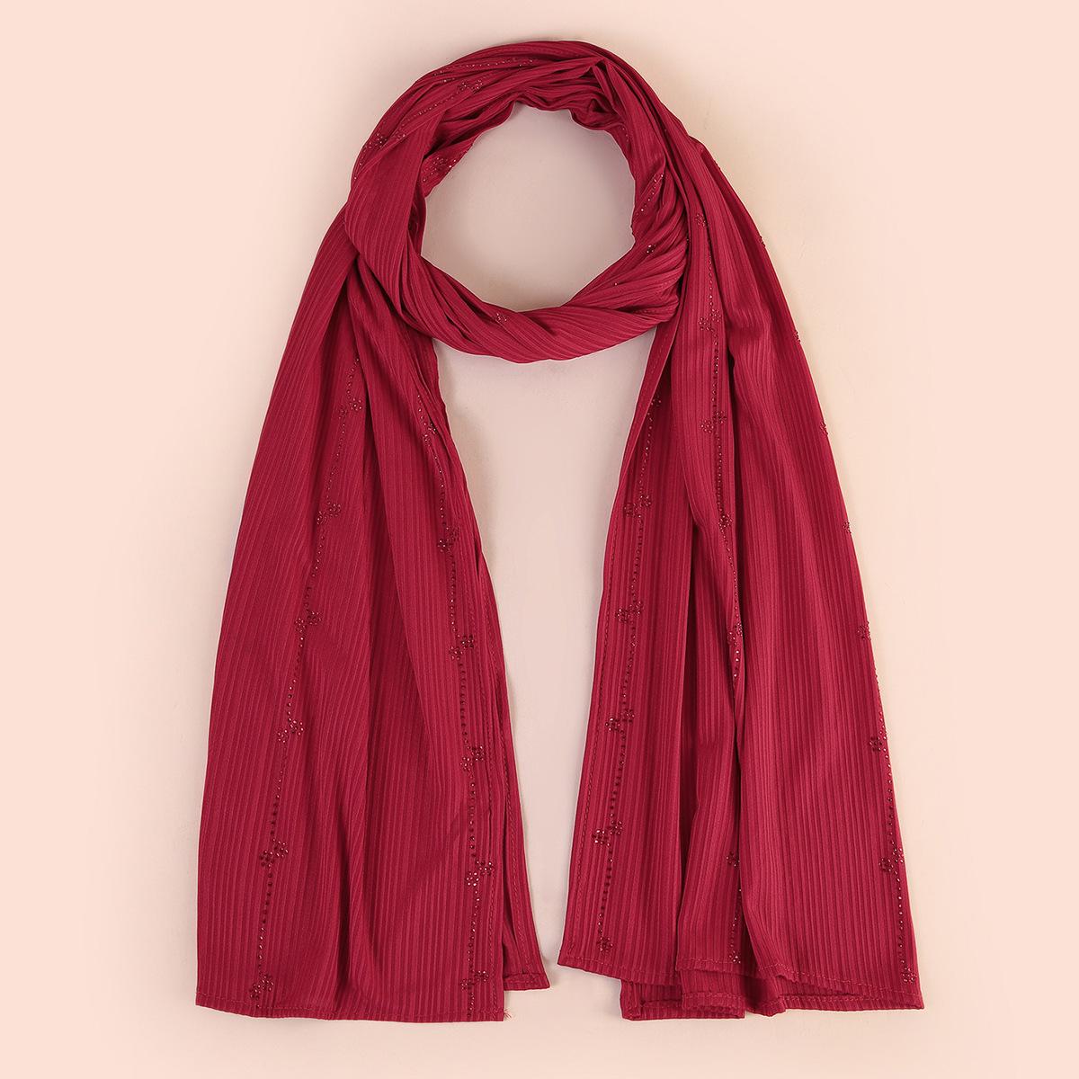 High-Quality Solid Color Knitted Cotton Rhinestone Long Scarf Shawl Headscarf in Ethnic Style
